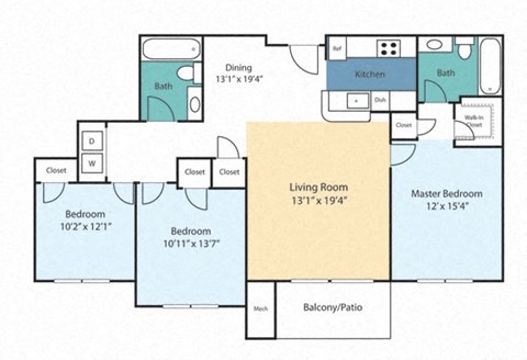 Floor plan for 3 beds, 2 baths, 1292 sqft